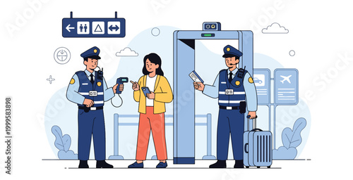 Security guards checking passenger at airport security checkpoint with metal detector and scanner