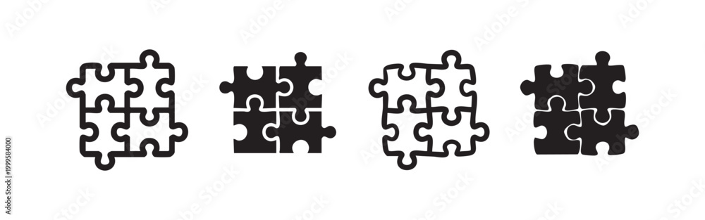 Fototapeta premium Four Jigsaw Puzzle Pieces Cooperation Icon Set - Hand Drawn and Solid Vector Illustration
