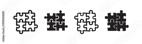 Four Jigsaw Puzzle Pieces Cooperation Icon Set - Hand Drawn and Solid Vector Illustration