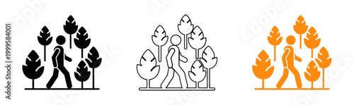 Minimalist forest walk illustration people among trees in orange and gray