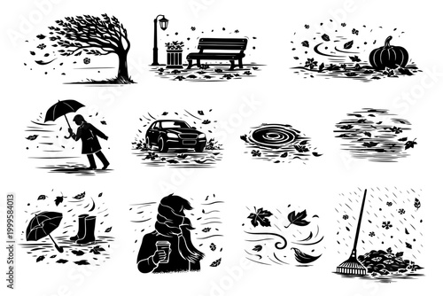 Black and white autumn scenes: wind, leaves, pumpkins, and autumn activities.