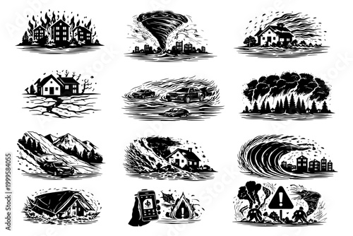 Natural disasters icons: fire, tornado, earthquake, flood, tsunami, avalanche, wildfire, landslide.