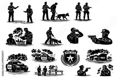Police officers engaged in various duties and scenarios with vehicles and dogs.