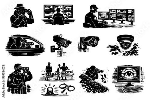 Surveillance activities and security tools - monitoring, cameras, police.