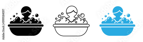 Bathroom cleaning icons toilet sink and bathtub with bubbles