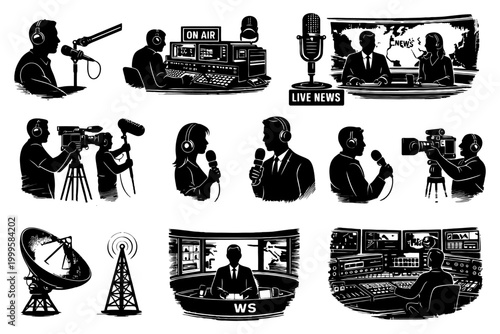 Broadcasting illustrations of news, radio hosts, reporters, and satellite communication.