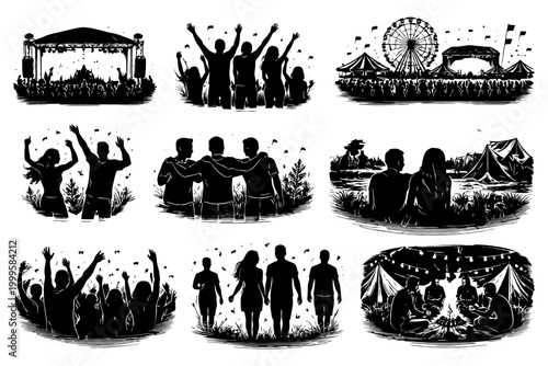 Silhouettes at outdoor festival with concerts and tents.