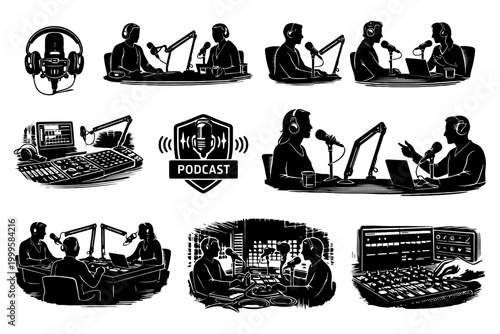 Podcasting studio setup with hosts and audio equipment.