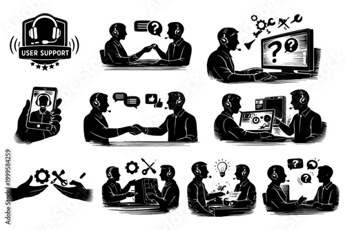 Monochrome user support concept with headsets and technology interaction.