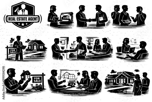 Real estate agent interactions and property sales in black and white illustrations.