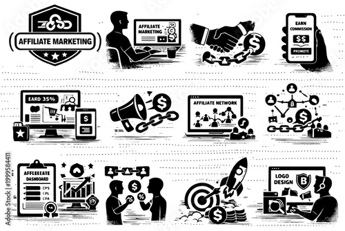 Affiliate marketing icons: business strategy and commission growth concepts.