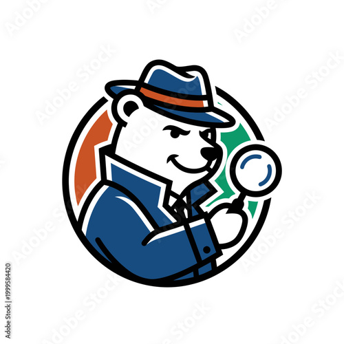 Cartoon bear detective in hat.