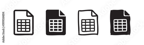 Spreadsheet document icon set. Excel file symbol with grid in different styles. Data table line art and solid glyphs on white background.