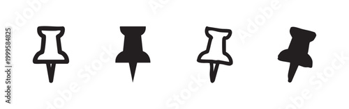 Hand drawn pushpin icons, thumbtack symbols for office and stationery