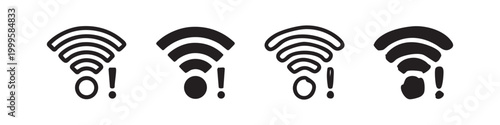 Hand drawn WiFi warning icons, internet connection error or alert symbols