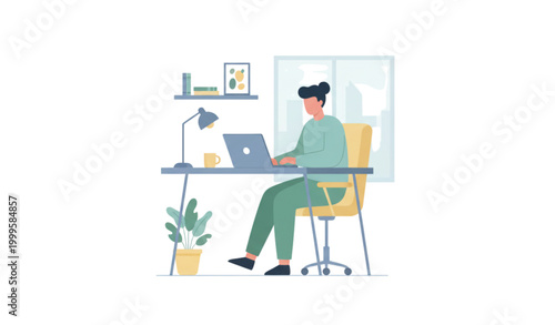 Work from home remote office flat vector illustration with person using laptop and home workspace isolated on white background