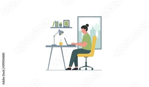 Remote work home office vector illustration with laptop desk and online working concept isolated on white