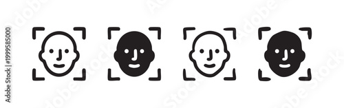 Face recognition icon set. Biometric identification symbol. Facial scan and security concept. User authentication vector illustration.