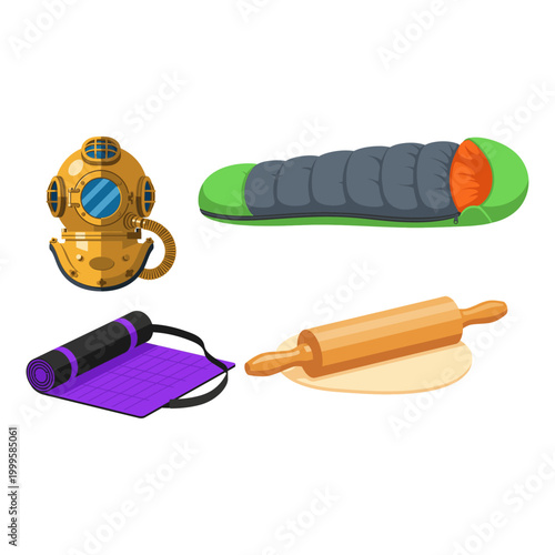 Set of vector illustrations featuring a vintage diving helmet, sleeping bag, yoga mat, and rolling pin