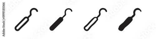 Dental hook icon set. Dentist tool and oral care symbols in outline, filled, and hand-drawn styles.