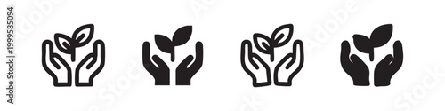 Hands holding plant icon set. Growth, care, and environment symbols in outline, filled, and hand-drawn styles.