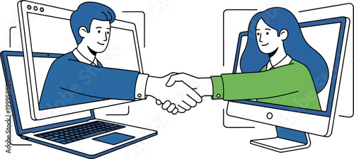 Business man and woman shaking hands through computer screens for virtual deal or online agreement