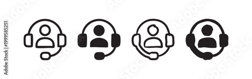 Customer support and call center icon set, person with headset in outline and solid