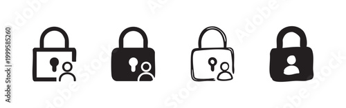 User access and security icon set, padlock with person in outline and solid styles