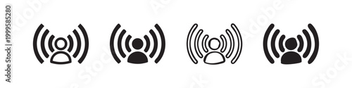 Broadcast and audio signal icon set, person emitting waves in outline and solid styles