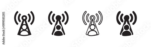Communication tower and antenna icon set, signal and network symbols in outline and solid