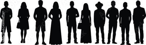 Silhouette collection of a diverse group of men and women standing in a row isolated on a plain white background
