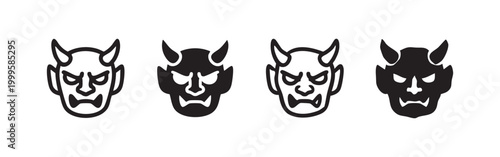 Hannya mask and Japanese demon icon set, traditional Oni face symbols in outline and solid