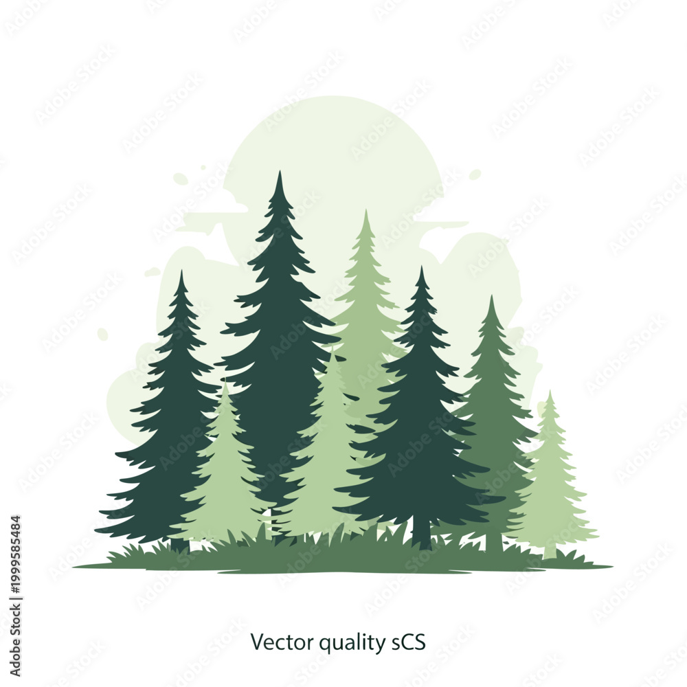 Obraz premium Evergreen forest silhouette with moon, minimalist vector illustration