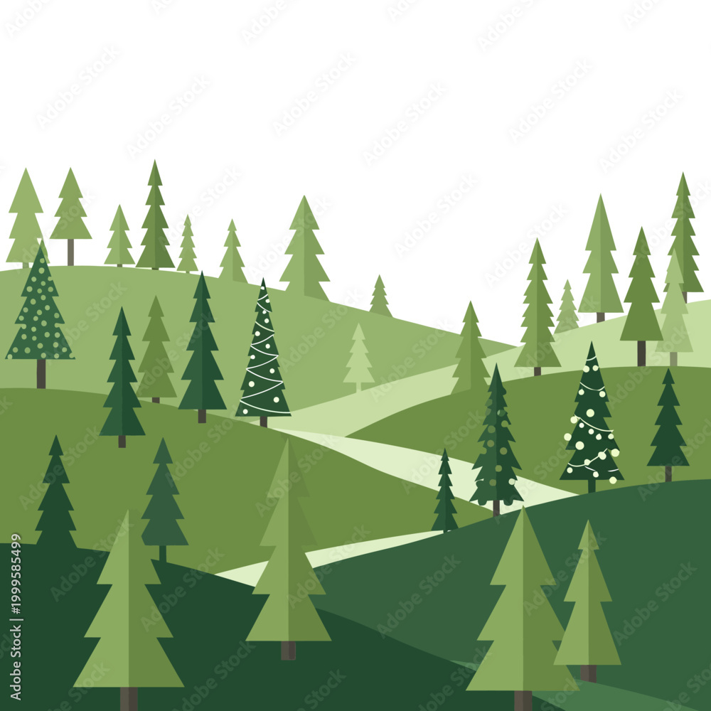 Obraz premium Festive Evergreen Forest Landscape with Winding Path and Decorated Trees
