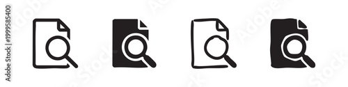 Document search icon set. File and magnifying glass symbol in hand drawn doodle style.