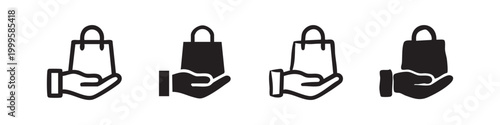 Hand holding shopping bag icon set. Commerce and retail symbol in hand drawn doodle style.