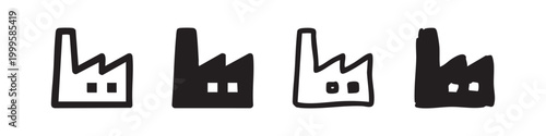 Factory industrial building icon set. Manufacturing plant symbol in hand drawn doodle style.