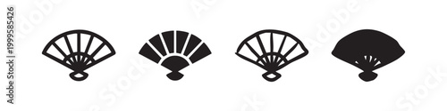 Hand fan icon set. Traditional oriental cooling accessory in hand drawn doodle style.