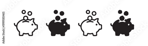 Piggy bank with coins icon set, symbolizing savings and finance.