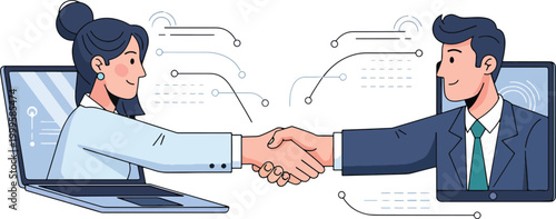 Professional business people shaking hands through laptop screens for online deal
