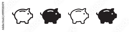 Piggy bank icon set for finance and savings, in various styles.