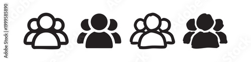Group of users icon set in two styles, outline and solid. Team and community vector signs for apps and websites.