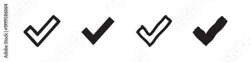 Checkmark icon set. Collection of simple and hand-drawn tick vector signs. Approval, correct, yes, and completion symbols.