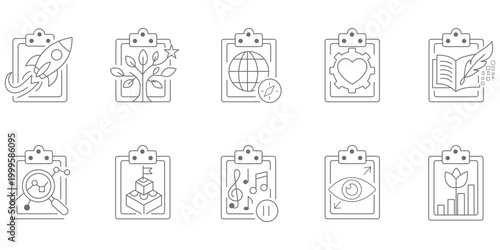 Clipboard and checklist with check boxes thin line icons set. Editable stroke. Vector illustration