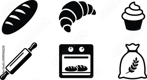 Bread croissant cupcake rolling pin oven flour sack icons, baking artwork decorative vector illustration element for bakery, pastry, kitchen, and food design, flat vector illustration