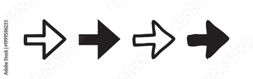 Right arrow icon set, next or forward direction symbol in hand drawn and solid styles, vector illustration isolated on white background