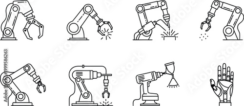 Industrial robotic arms performing various tasks