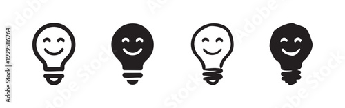Happy idea light bulb icon set, creative solution with smiling face, hand drawn and solid styles, vector illustration isolated on white background