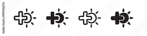 Brightness increase icon set, sun with plus symbol for light adjustment, vector illustration isolated on white background