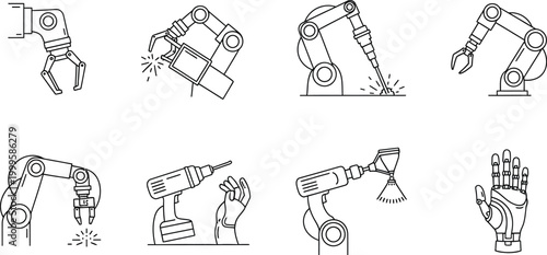 Robotic arm illustrations performing various industrial tasks